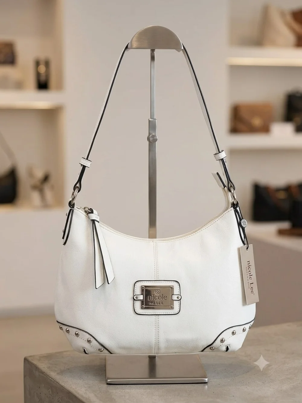 Nicole Lee White Leather Hobo Shoulder Bag with Metal Logo Plaque